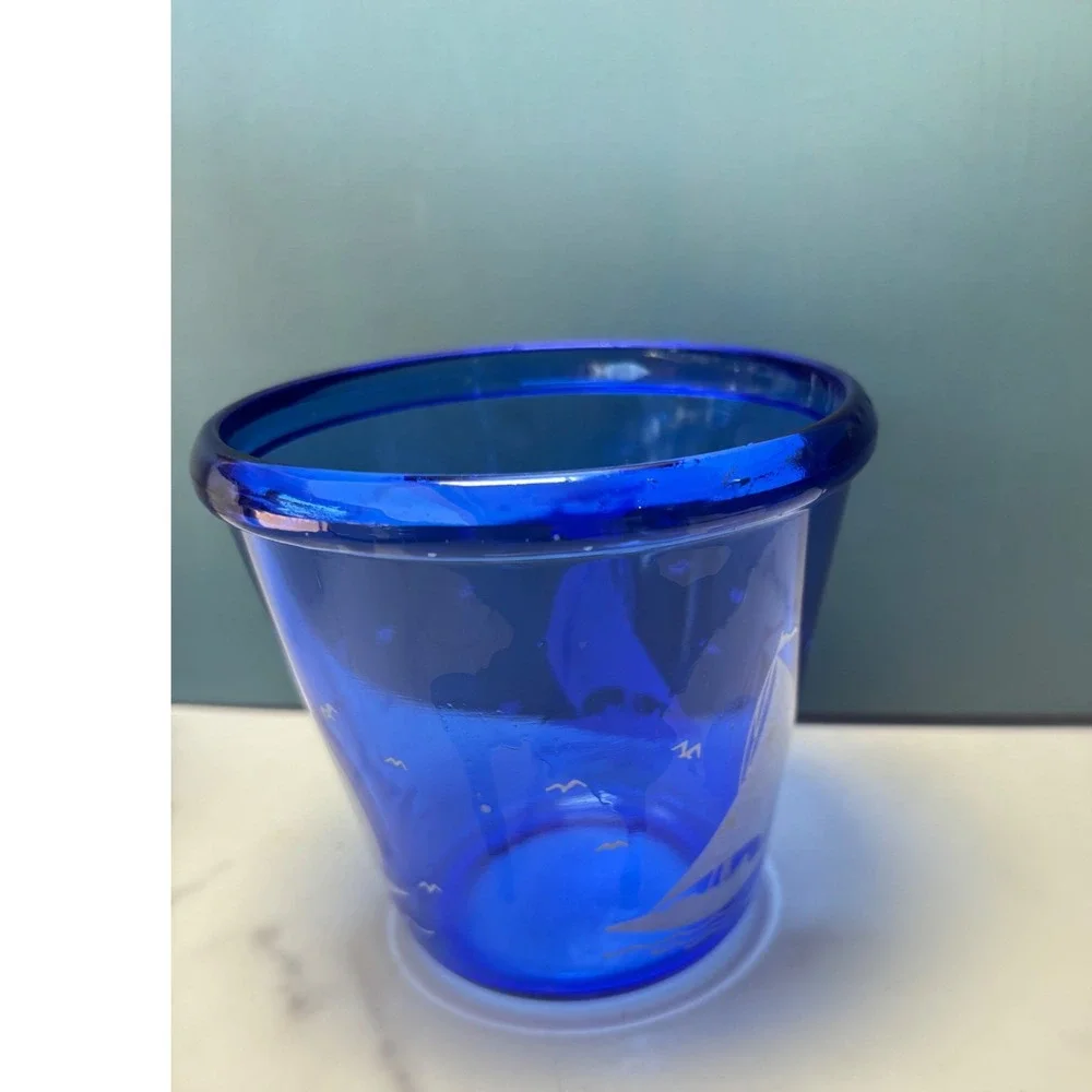 Vintage Hazel Atlas Cobalt Blue Glass Sailboat Ice Bucket Cocktail Mixer